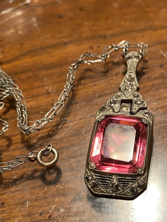 Vintage Art Deco Pink Paste & Rhinestone Pendant Necklace | 1920s Emerald Cut St - Picture 1 of 6